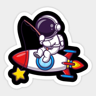 Astronaut Fishing Star On Rocket Cartoon Sticker